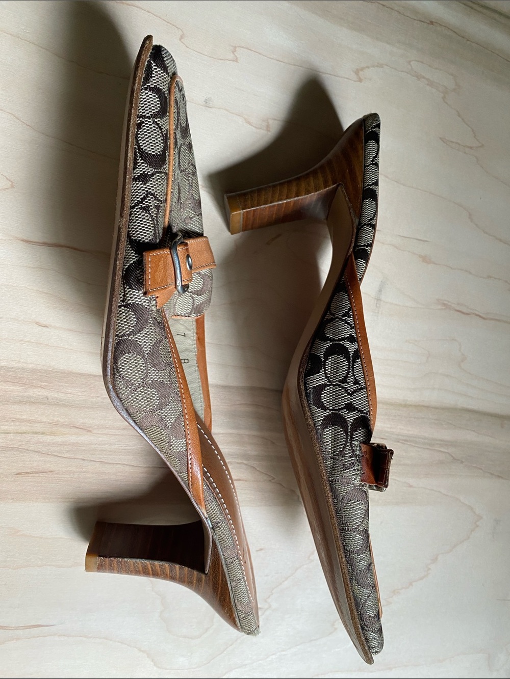 Coach Tan & Brown Signature Canvas Slide Mules with Leather Trim, 3” heel - Picture 2 of 3